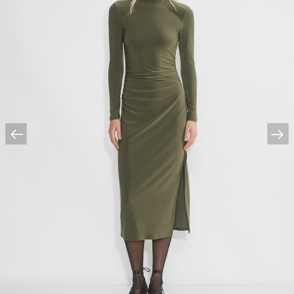 Wilfred Olive Green Long-Sleeve Ruched Midi Dress